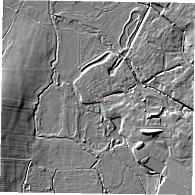 Shaded relief map of the ground around GU515DD, computed from Environment Agency LiDAR. The ground here sits at about 63 m above sea level and falls 9 m across the surrounding 800 m. Surface water reaching this point runs off ground lying to the east-south-east, 3.5 m higher.