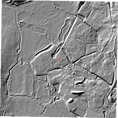 Shaded relief map of the ground around GU515DE, computed from Environment Agency LiDAR. The ground here sits at about 63 m above sea level and falls 8 m across the surrounding 800 m. The ground contributing surface water to this point lies to the south-south-west.