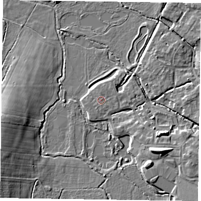 Shaded relief map of the ground around GU515DF, computed from Environment Agency LiDAR. The ground here sits at about 63 m above sea level and falls 10 m across the surrounding 800 m. The ground contributing surface water to this point lies to the east-south-east.