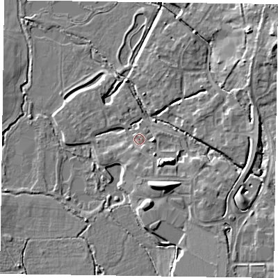 Shaded relief map of the ground around GU515DG, computed from Environment Agency LiDAR. The ground here sits at about 64 m above sea level and falls 9 m across the surrounding 800 m. Surface water reaching this point runs off ground lying to the south-south-east, 2.4 m higher.
