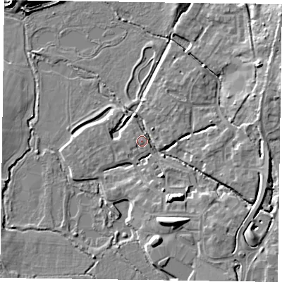 Shaded relief map of the ground around GU515ED, computed from Environment Agency LiDAR. The ground here sits at about 63 m above sea level and falls 9 m across the surrounding 800 m. Surface water reaching this point runs off ground lying to the south-south-east, 7.2 m higher.