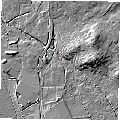 Shaded relief map of the ground around GU515HZ, computed from Environment Agency LiDAR. The ground here sits at about 65 m above sea level and falls 13 m across the surrounding 800 m. Surface water reaching this point runs off ground lying to the east, 10.5 m higher.