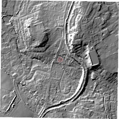 Shaded relief map of the ground around GU515NP, computed from Environment Agency LiDAR. The ground here sits at about 72 m above sea level and falls 17 m across the surrounding 800 m. Surface water reaching this point runs off ground lying to the north-east, 13.5 m higher.