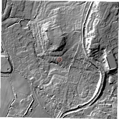 Shaded relief map of the ground around GU515NR, computed from Environment Agency LiDAR. The ground here sits at about 72 m above sea level and falls 17 m across the surrounding 800 m. Surface water reaching this point runs off ground lying to the north-east, 5.9 m higher.