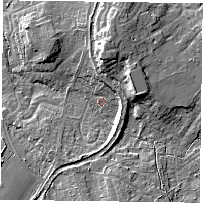 Shaded relief map of the ground around GU515NW, computed from Environment Agency LiDAR. The ground here sits at about 72 m above sea level and falls 16 m across the surrounding 800 m. Surface water reaching this point runs off ground lying to the north-east, 5.4 m higher.