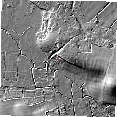 Shaded relief map of the ground around GU515SS, computed from Environment Agency LiDAR. The ground here sits at about 72 m above sea level and falls 20 m across the surrounding 800 m. Surface water reaching this point runs off ground lying to the east-north-east, 8.4 m higher.