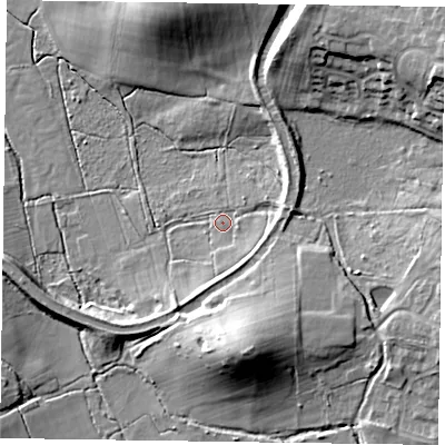 Shaded relief map of the ground around GU515SX, computed from Environment Agency LiDAR. The ground here sits at about 74 m above sea level and falls 21 m across the surrounding 800 m. Surface water reaching this point runs off ground lying to the east-north-east, 5.2 m higher.