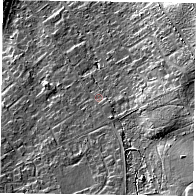 Shaded relief map of the ground around GU526AB, computed from Environment Agency LiDAR. The ground here sits at about 90 m above sea level and falls 19 m across the surrounding 800 m. Surface water reaching this point runs off ground lying to the south-south-east, 7.1 m higher.