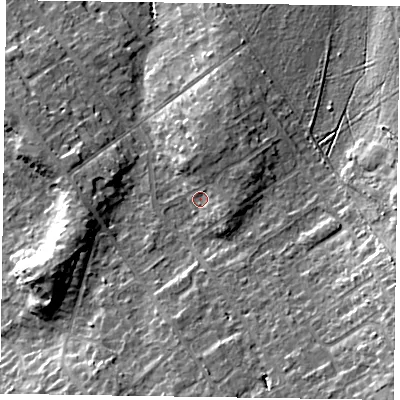 Shaded relief map of the ground around GU526AP, computed from Environment Agency LiDAR. The ground here sits at about 84 m above sea level and falls 16 m across the surrounding 800 m. Surface water reaching this point runs off ground lying to the north, 3.1 m higher.