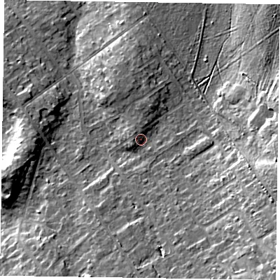 Shaded relief map of the ground around GU526AR, computed from Environment Agency LiDAR. The ground here sits at about 85 m above sea level and falls 17 m across the surrounding 800 m. Surface water reaching this point runs off ground lying to the north-west, 2.3 m higher.