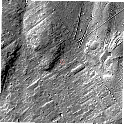 Shaded relief map of the ground around GU526AS, computed from Environment Agency LiDAR. The ground here sits at about 83 m above sea level and falls 20 m across the surrounding 800 m. Surface water reaching this point runs off ground lying to the west, 3.0 m higher.