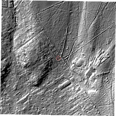Shaded relief map of the ground around GU526AU, computed from Environment Agency LiDAR. The ground here sits at about 82 m above sea level and falls 22 m across the surrounding 800 m. Surface water reaching this point runs off ground lying to the south-east, 16.4 m higher.
