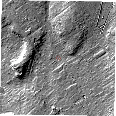 Shaded relief map of the ground around GU526AW, computed from Environment Agency LiDAR. The ground here sits at about 83 m above sea level and falls 15 m across the surrounding 800 m. Surface water reaching this point runs off ground lying to the south-east, 8.2 m higher.