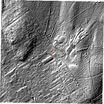 Shaded relief map of the ground around GU526AZ, computed from Environment Agency LiDAR. The ground here sits at about 84 m above sea level and falls 22 m across the surrounding 800 m. Surface water reaching this point runs off ground lying to the south-east, 11.2 m higher.