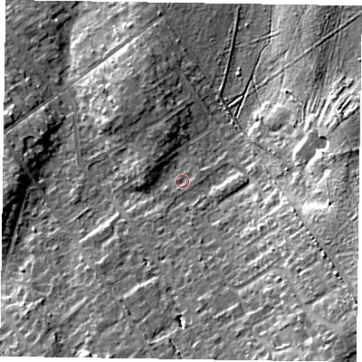 Shaded relief map of the ground around GU526BA, computed from Environment Agency LiDAR. The ground here sits at about 84 m above sea level and falls 18 m across the surrounding 800 m. Surface water reaching this point runs off ground lying to the west-north-west, 2.9 m higher.
