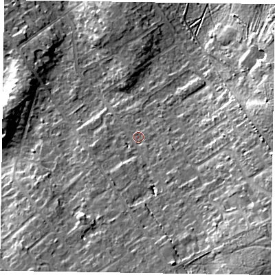 Shaded relief map of the ground around GU526BB, computed from Environment Agency LiDAR. The ground here sits at about 86 m above sea level and falls 17 m across the surrounding 800 m. Surface water reaching this point runs off ground lying to the south-east, 9.7 m higher.