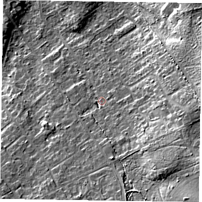 Shaded relief map of the ground around GU526BD, computed from Environment Agency LiDAR. The ground here sits at about 88 m above sea level and falls 18 m across the surrounding 800 m. Surface water reaching this point runs off ground lying to the south-east, 13.3 m higher.
