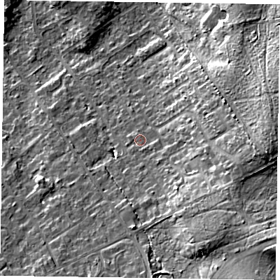 Shaded relief map of the ground around GU526BE, computed from Environment Agency LiDAR. The ground here sits at about 88 m above sea level and falls 19 m across the surrounding 800 m. Surface water reaching this point runs off ground lying to the south-east, 2.1 m higher.