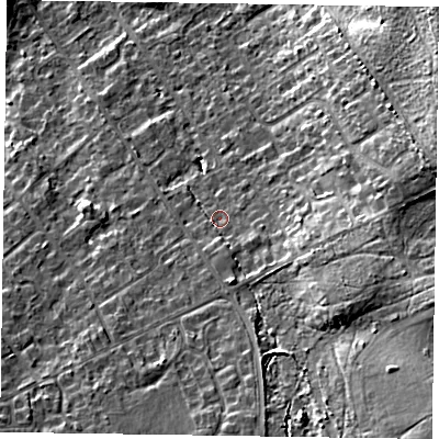 Shaded relief map of the ground around GU526BG, computed from Environment Agency LiDAR. The ground here sits at about 89 m above sea level and falls 19 m across the surrounding 800 m. Surface water reaching this point runs off ground lying to the south-east, 12.7 m higher.
