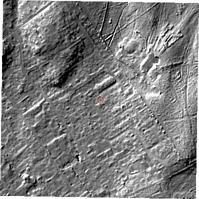 Shaded relief map of the ground around GU526BN, computed from Environment Agency LiDAR. The ground here sits at about 85 m above sea level and falls 19 m across the surrounding 800 m. Surface water reaching this point runs off ground lying to the east-south-east, 9.9 m higher.