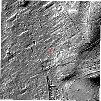 Shaded relief map of the ground around GU526DX, computed from Environment Agency LiDAR. The ground here sits at about 90 m above sea level and falls 20 m across the surrounding 800 m. Surface water reaching this point runs off ground lying to the south-east, 4.8 m higher.