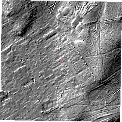 Shaded relief map of the ground around GU526EA, computed from Environment Agency LiDAR. The ground here sits at about 88 m above sea level and falls 20 m across the surrounding 800 m. Surface water reaching this point runs off ground lying to the east-south-east, 9.8 m higher.