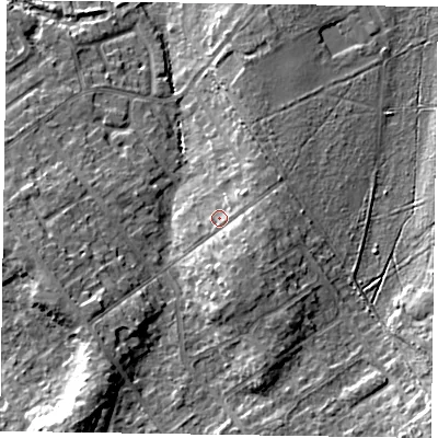 Shaded relief map of the ground around GU526LG, computed from Environment Agency LiDAR. The ground here sits at about 82 m above sea level and falls 15 m across the surrounding 800 m. Surface water reaching this point runs off ground lying to the south-east, 3.4 m higher.
