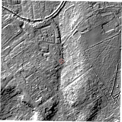 Shaded relief map of the ground around GU527LL, computed from Environment Agency LiDAR. The ground here sits at about 79 m above sea level and falls 13 m across the surrounding 800 m. Surface water reaching this point runs off ground lying to the south-south-west, 10.5 m higher.