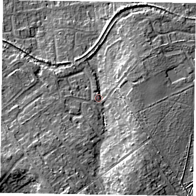 Shaded relief map of the ground around GU527LP, computed from Environment Agency LiDAR. The ground here sits at about 78 m above sea level and falls 13 m across the surrounding 800 m. Surface water reaching this point runs off ground lying to the south-south-east, 10.5 m higher.
