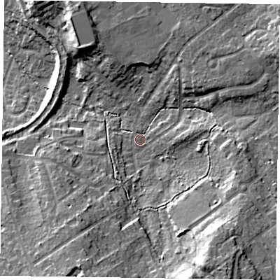 Shaded relief map of the ground around GU527XD, computed from Environment Agency LiDAR. The ground here sits at about 75 m above sea level and falls 20 m across the surrounding 800 m. Surface water reaching this point runs off ground lying to the south-south-east, 16.9 m higher.