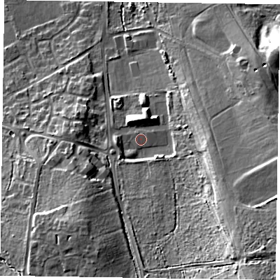 Shaded relief map of the ground around GU528DX, computed from Environment Agency LiDAR. The ground here sits at about 103 m above sea level and falls 28 m across the surrounding 800 m. Surface water reaching this point runs off ground lying to the south, 11.6 m higher.