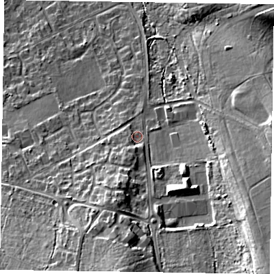 Shaded relief map of the ground around GU528DY, computed from Environment Agency LiDAR. The ground here sits at about 99 m above sea level and falls 24 m across the surrounding 800 m. Surface water reaching this point runs off ground lying to the south, 14.1 m higher.