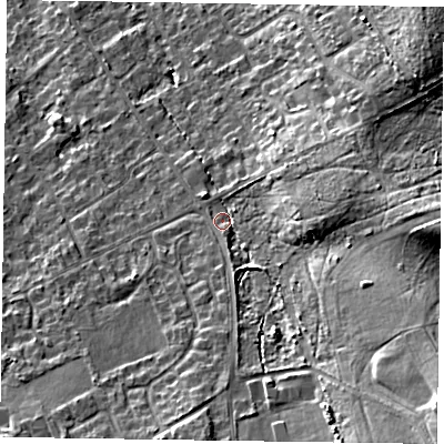 Shaded relief map of the ground around GU528DZ, computed from Environment Agency LiDAR. The ground here sits at about 92 m above sea level and falls 21 m across the surrounding 800 m. Surface water reaching this point runs off ground lying to the south-east, 14.4 m higher.