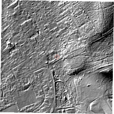 Shaded relief map of the ground around GU528EH, computed from Environment Agency LiDAR. The ground here sits at about 91 m above sea level and falls 23 m across the surrounding 800 m. Surface water reaching this point runs off ground lying to the south-east, 15.0 m higher.
