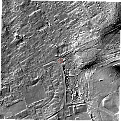 Shaded relief map of the ground around GU528EW, computed from Environment Agency LiDAR. The ground here sits at about 92 m above sea level and falls 21 m across the surrounding 800 m. Surface water reaching this point runs off ground lying to the south-east, 14.3 m higher.