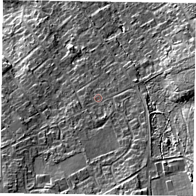 Shaded relief map of the ground around GU528JS, computed from Environment Agency LiDAR. The ground here sits at about 92 m above sea level and falls 20 m across the surrounding 800 m. Surface water reaching this point runs off ground lying to the south, 5.0 m higher.