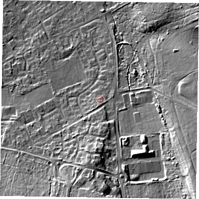 Shaded relief map of the ground around GU528UH, computed from Environment Agency LiDAR. The ground here sits at about 98 m above sea level and falls 22 m across the surrounding 800 m. Surface water reaching this point runs off ground lying to the south-south-west, 1.9 m higher.