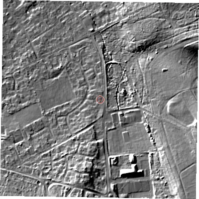 Shaded relief map of the ground around GU528UJ, computed from Environment Agency LiDAR. The ground here sits at about 97 m above sea level and falls 23 m across the surrounding 800 m. Surface water reaching this point runs off ground lying to the south, 5.8 m higher.