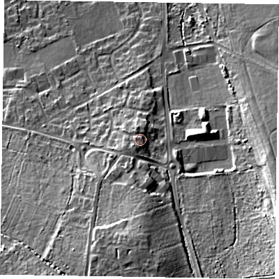 Shaded relief map of the ground around GU528XF, computed from Environment Agency LiDAR. The ground here sits at about 106 m above sea level and falls 22 m across the surrounding 800 m. Surface water reaching this point runs off ground lying to the south, 2.2 m higher.