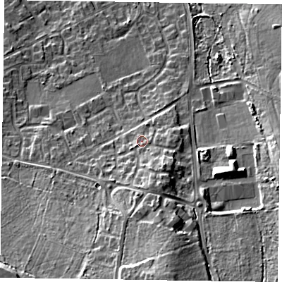 Shaded relief map of the ground around GU528XG, computed from Environment Agency LiDAR. The ground here sits at about 101 m above sea level and falls 23 m across the surrounding 800 m. Surface water reaching this point runs off ground lying to the south-east, 5.3 m higher.