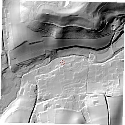 Shaded relief map of the ground around GU59AD, computed from Environment Agency LiDAR. The ground here sits at about 58 m above sea level and falls 69 m across the surrounding 800 m. Surface water reaching this point runs off ground lying to the south-south-east, 12.2 m higher.