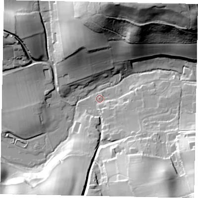 Shaded relief map of the ground around GU59AG, computed from Environment Agency LiDAR. The ground here sits at about 56 m above sea level and falls 64 m across the surrounding 800 m. Surface water reaching this point runs off ground lying to the south-south-east, 41.9 m higher.