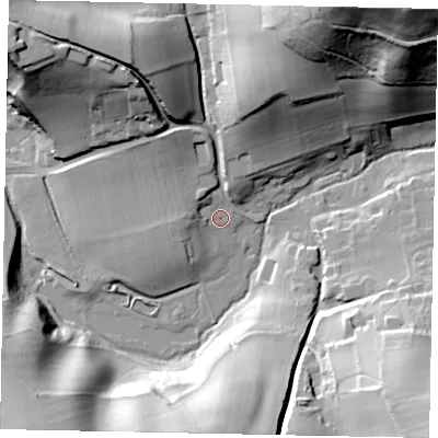Shaded relief map of the ground around GU59AY, computed from Environment Agency LiDAR. The ground here sits at about 56 m above sea level and falls 64 m across the surrounding 800 m. Surface water reaching this point runs off ground lying to the north-north-west, 11.4 m higher.