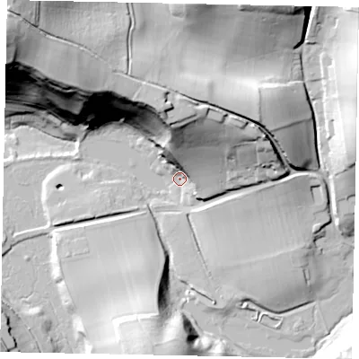 Shaded relief map of the ground around GU59BE, computed from Environment Agency LiDAR. The ground here sits at about 54 m above sea level and falls 69 m across the surrounding 800 m. Surface water reaching this point runs off ground lying to the north-north-west, 39.4 m higher.