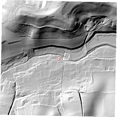 Shaded relief map of the ground around GU59BF, computed from Environment Agency LiDAR. The ground here sits at about 59 m above sea level and falls 69 m across the surrounding 800 m. Surface water reaching this point runs off ground lying to the north, 58.4 m higher.