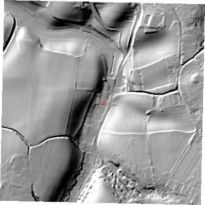 Shaded relief map of the ground around GU59DT, computed from Environment Agency LiDAR. The ground here sits at about 112 m above sea level and falls 46 m across the surrounding 800 m. Surface water reaching this point runs off ground lying to the south-east, 35.0 m higher.