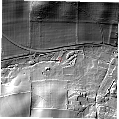 Shaded relief map of the ground around GU59HA, computed from Environment Agency LiDAR. The ground here sits at about 77 m above sea level and falls 44 m across the surrounding 800 m. Surface water reaching this point runs off ground lying to the north-east, 42.0 m higher.