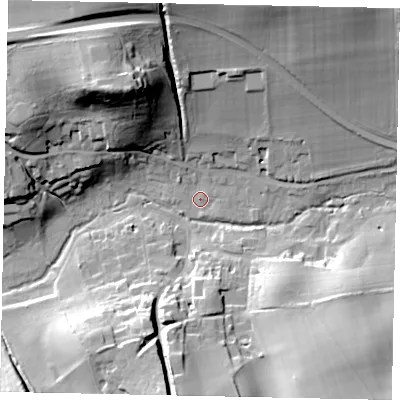 Shaded relief map of the ground around GU59HF, computed from Environment Agency LiDAR. The ground here sits at about 72 m above sea level and falls 36 m across the surrounding 800 m. Surface water reaching this point runs off ground lying to the north-west, 33.5 m higher.
