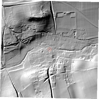 Shaded relief map of the ground around GU59HT, computed from Environment Agency LiDAR. The ground here sits at about 72 m above sea level and falls 37 m across the surrounding 800 m. Surface water reaching this point runs off ground lying to the north-north-west, 34.2 m higher.