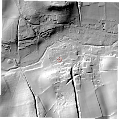 Shaded relief map of the ground around GU59HY, computed from Environment Agency LiDAR. The ground here sits at about 74 m above sea level and falls 37 m across the surrounding 800 m. Surface water reaching this point runs off ground lying to the south-south-east, 24.6 m higher.
